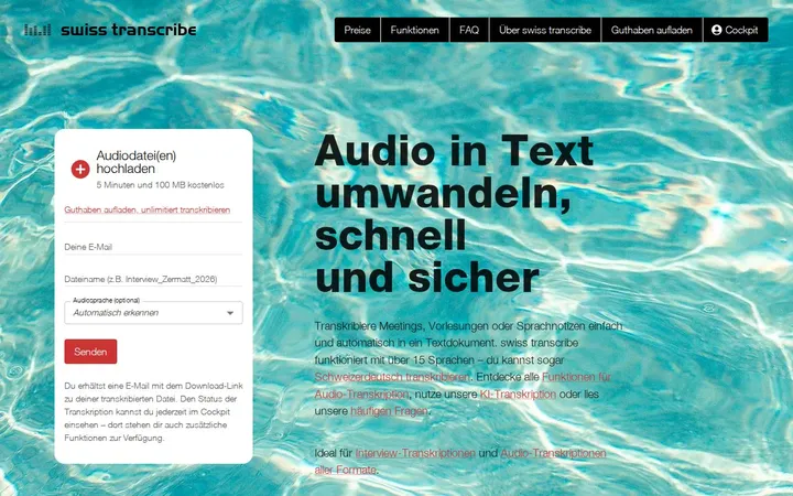 The swisstranscribe.ch home page: “Audio in Text umwandeln, schnell und sicher”