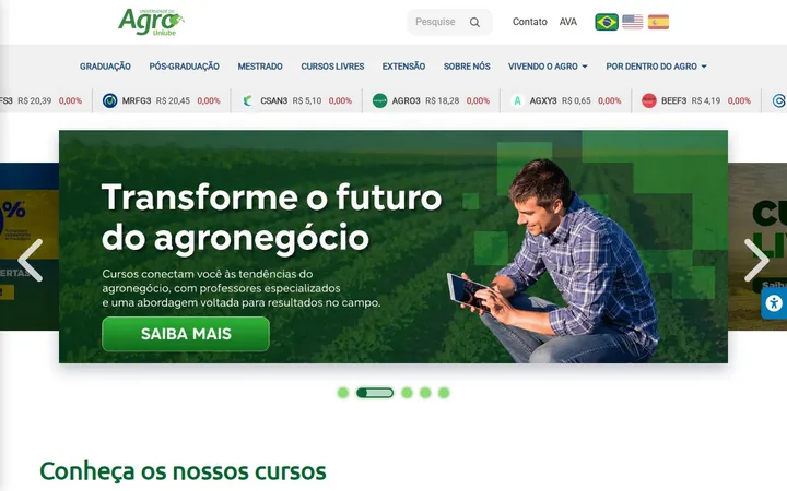 The Universidade do Agro home page: “Transforme o futuro do agronegócio”